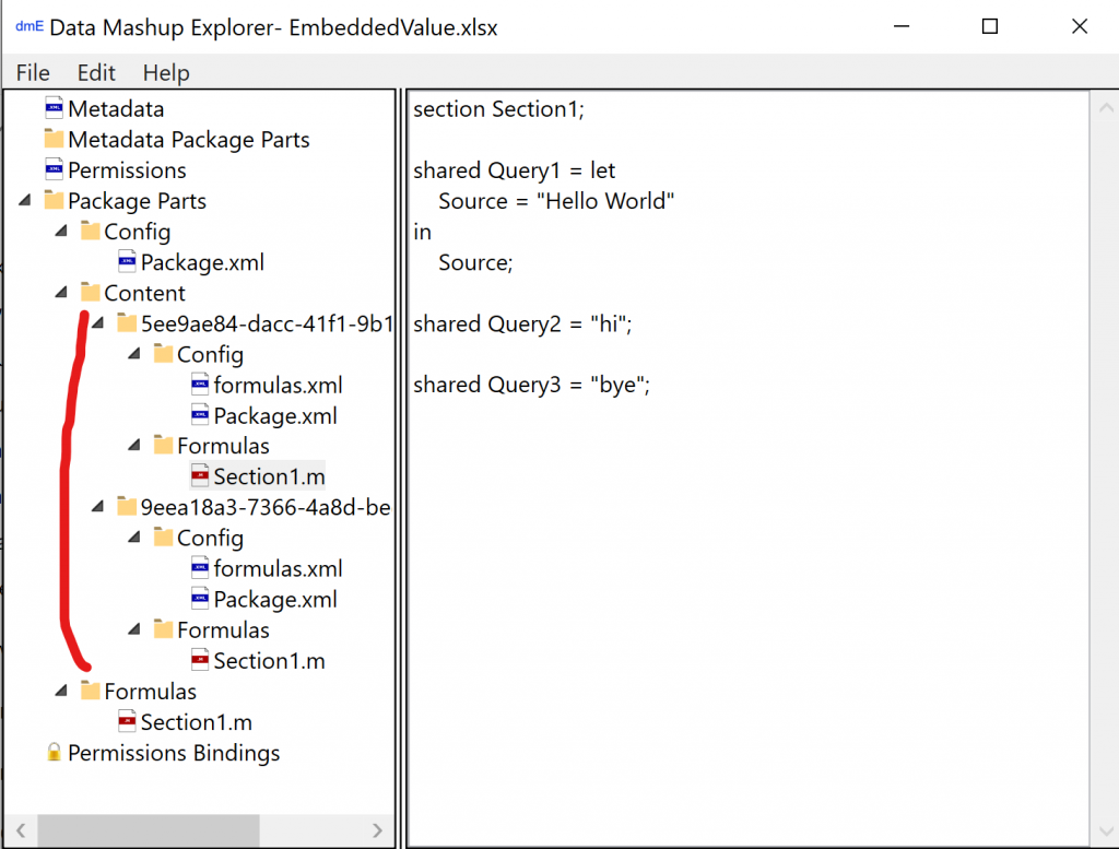Expanded embedded content folder items - in Data Mashup Explorer
