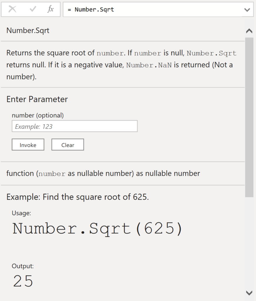Query Editor's documentation for Number.Sqrt