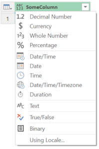 "Change Type" popup menu for a column