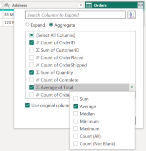 Screenshot of Power Query's aggregate UI